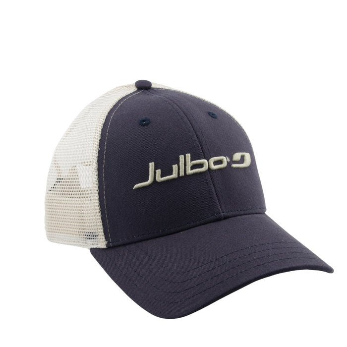A navy blue and off-white trucker cap with 'Julbo' embroidered on the front, shown against a plain white background. #color_basecamp-trucker-hat-navy-stone