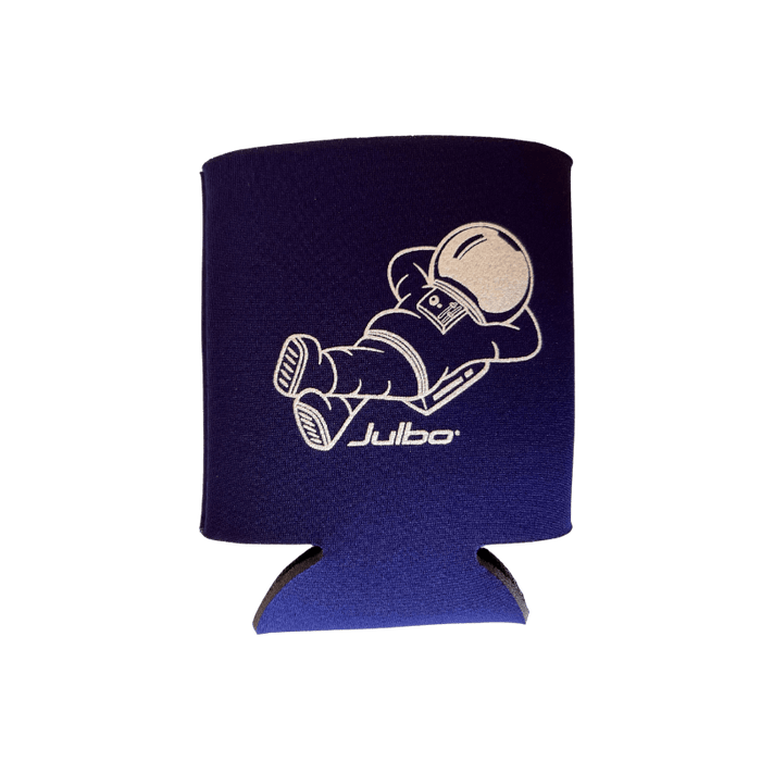 The Julbo Eyewear Can Cooler is dark blue neoprene with a white outline of a reclining astronaut and "Julbo" printed below. #color_julbo-can-cooler-purple