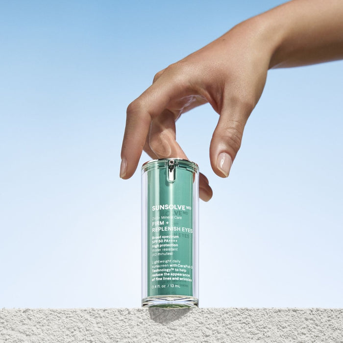 Lifestyle image of SunsolveMD ZnO+ Mineral Care Firm + Replenish Eyes SPF 50