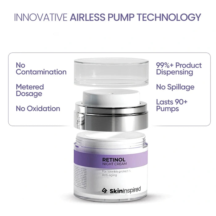 Retinol night cream jar with airless pump technology for controlled release, better stability and reduced irritation.