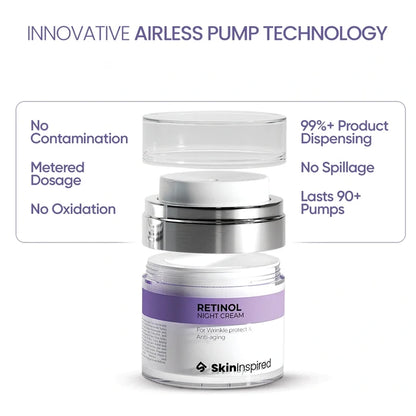 Retinol night cream jar with airless pump technology for controlled release, better stability and reduced irritation.