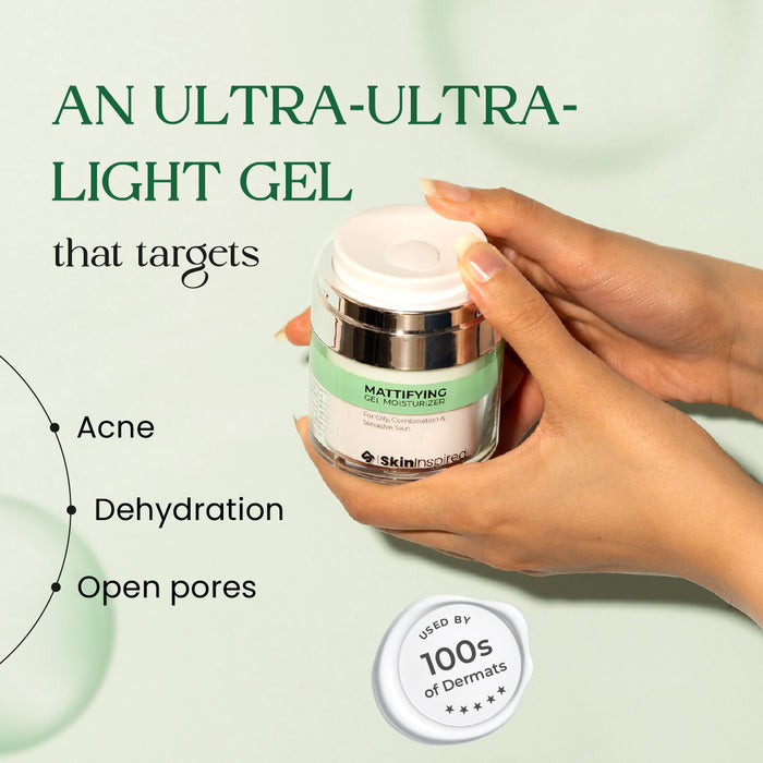 Ultra light gel texture of SkinInspired mattifying moisturizer that targets acne, dehydration, open pores.