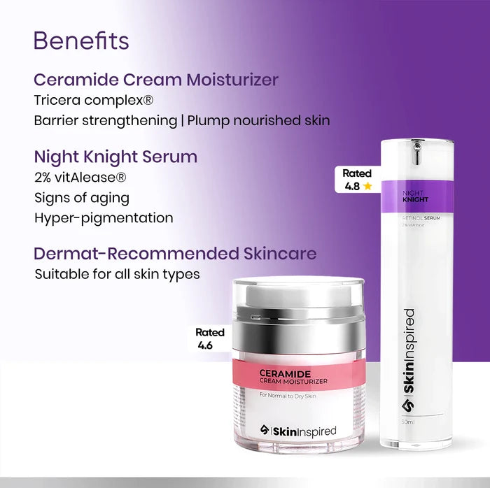 Skininspired Skincare Combo Benefits For Her - Night Knight Retinol Serum and Ceramie Cream Moisturizer - Rakhi Gift.
