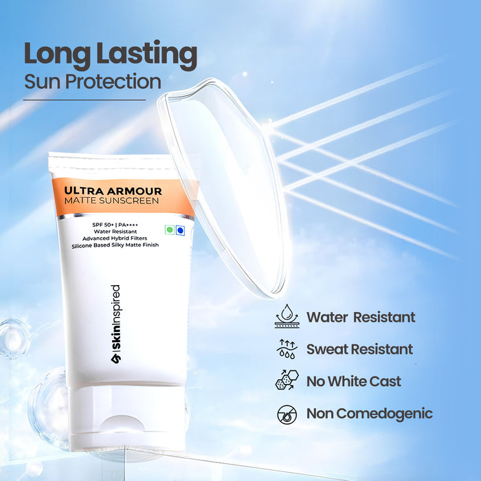SkinInspired Ultra Armour Silicone Sunscreen Gel SPF 50+ PA++++
A broad spectrum sunscreen with long lasting sun protection.
This Physical sunscreen is water and sweat resistant , leaves no white Cast and is non Comedogenic