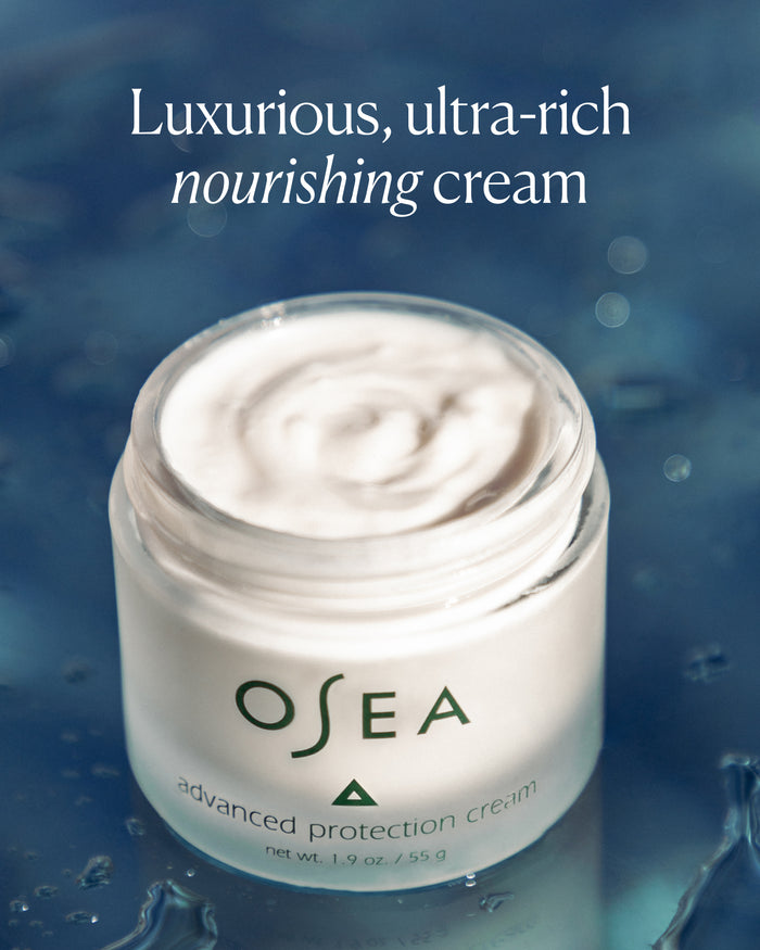 Open jar of ultra-rich Advanced Protection Cream emphasizing luxurious, nourishing texture