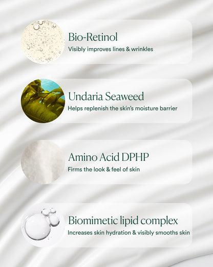 Key ingredients including bio-retinol, Undaria seaweed, amino acid DPHP, and biomimetic lipid complex for firming and barrier support