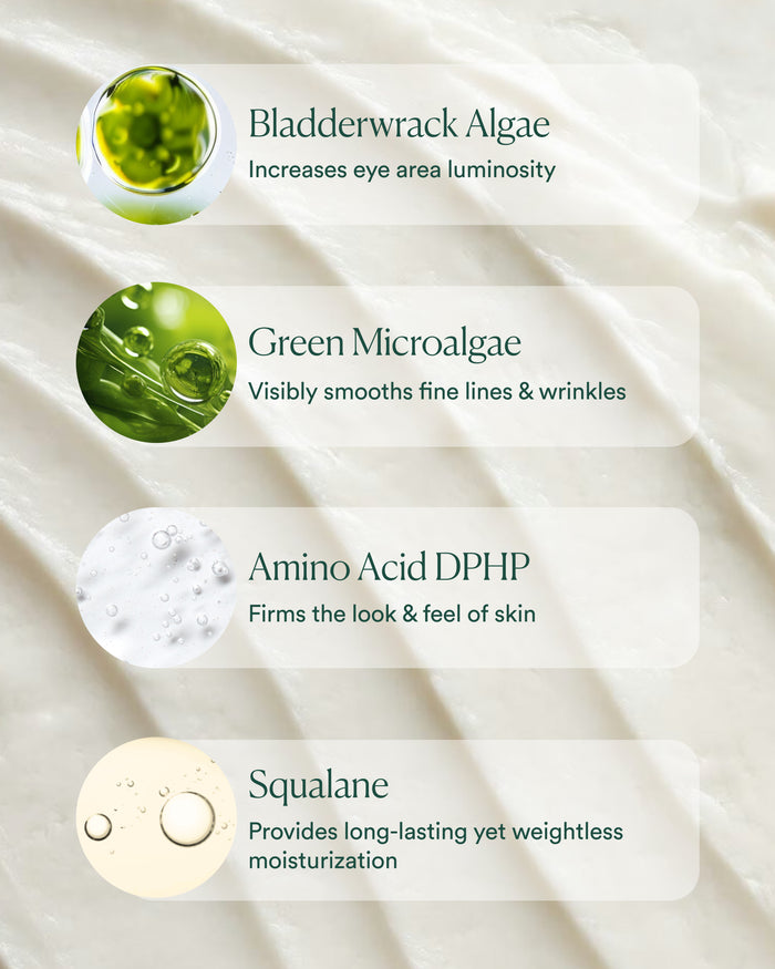 Key ingredients including bladderwrack algae, green microalgae, amino acid DPHP, and squalane for luminosity and smoothing