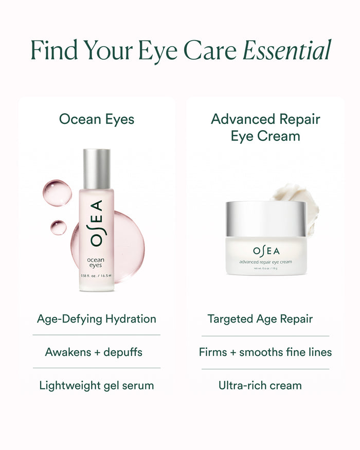 Eye care comparison chart featuring Ocean Eyes gel serum and Advanced Repair Eye Cream for targeted concerns