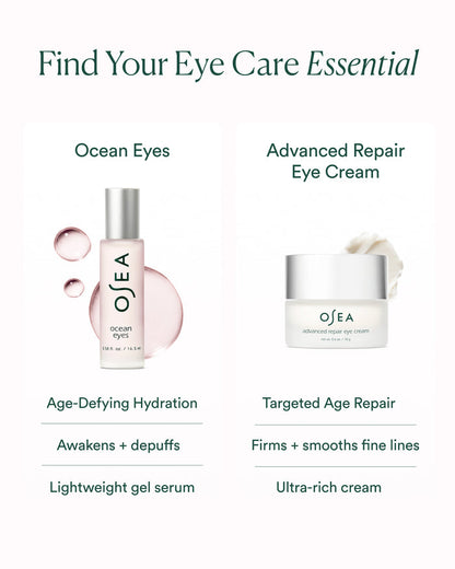 Eye care comparison chart featuring Ocean Eyes gel serum and Advanced Repair Eye Cream for targeted concerns