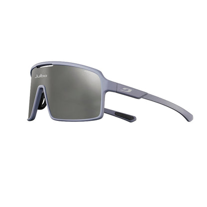 Sunglasses with a gray frame and reflective lenses on a white background. #color_la-sal-sunset-with-spectron-3-lens