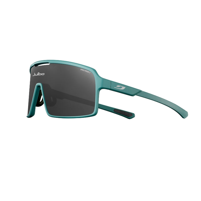 Teal sunglasses with black lenses on a white background. #color_desert-sage-with-spectron-3-lens