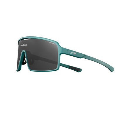 Teal sunglasses with black lenses on a white background. #color_desert-sage-with-spectron-3-lens