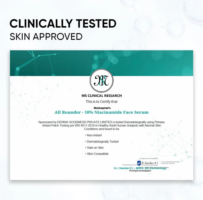 Skininspired | All Rounder 10% Niacinamide Face Serum Cliniclly Tested Certificate
