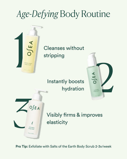 Age-Defying Body Routine steps: cleanse, boost hydration, and firm with targeted body treatments