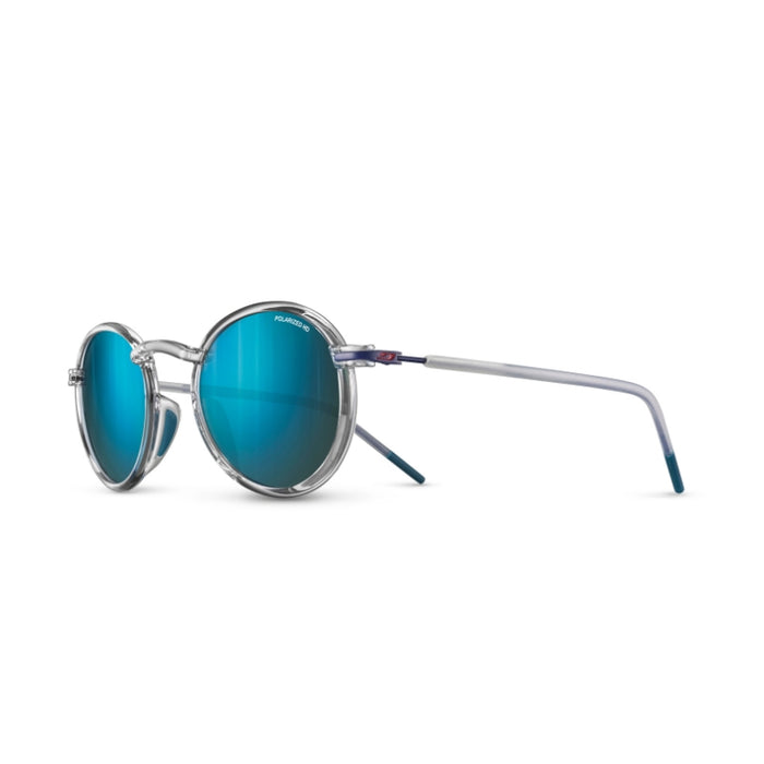 Round sunglasses with mirrored blue lenses and a silver metal frame, shown from a side profile on a white background. #color_translucent-crystal-/-blue-with-spectron-3-hd-polarized-lens