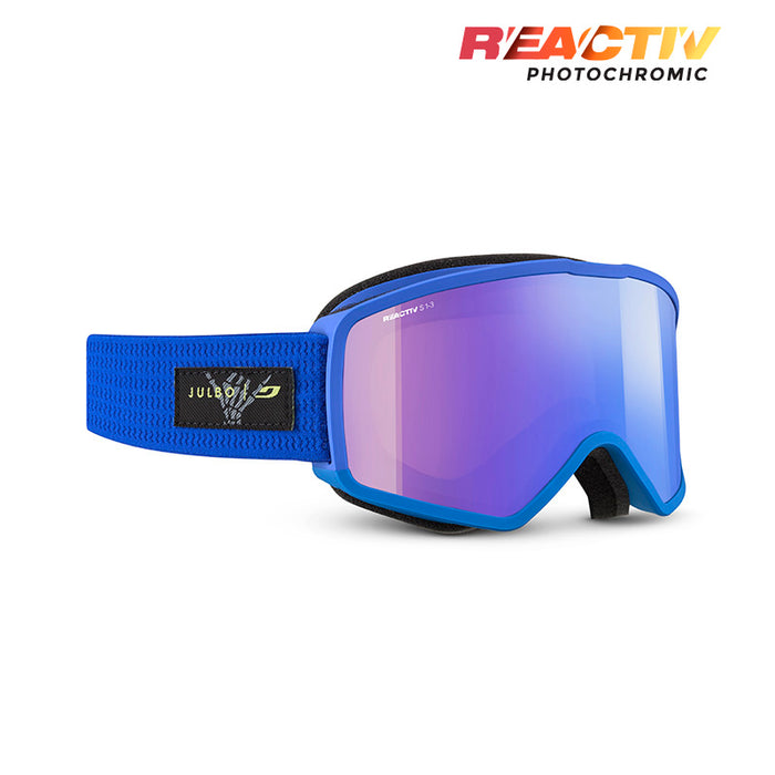 Blue ski goggles with a purple reflective photochromic lens and a blue adjustable strap, shown on a white background with the 'REACTIV PHOTOCHROMIC' logo in the top right. #color_blue-blue-with-reactiv-1-3-high-contrast-lens