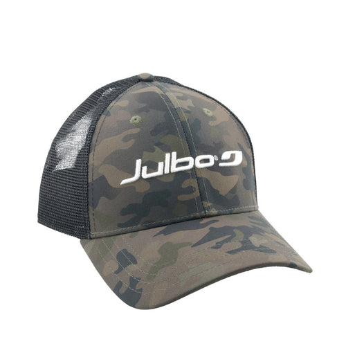 A camouflage trucker hat with black mesh back panels and a white 'Julbo' logo printed on the front, shown against a plain white background. #color_basecamp-trucker-hat-camo
