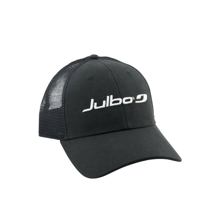 A black trucker-style baseball cap with a white embroidered 'Julbo' logo on the front panel, featuring a black mesh back and curved brim, shown against a plain white background. #color_basecamp-trucker-hat-black