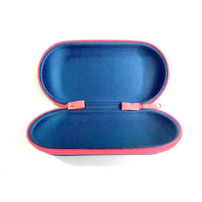 The Julbo Eyewear Blue Cloth Zippered Sunglass Case is seen open and empty from above, displaying its oval shape and pink zipper against a white background.