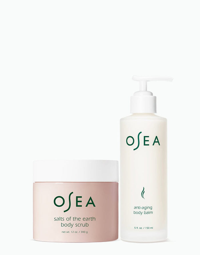 OSEA Salts of the Earth Body Scrub and Anti-Aging Body Balm duo on white background