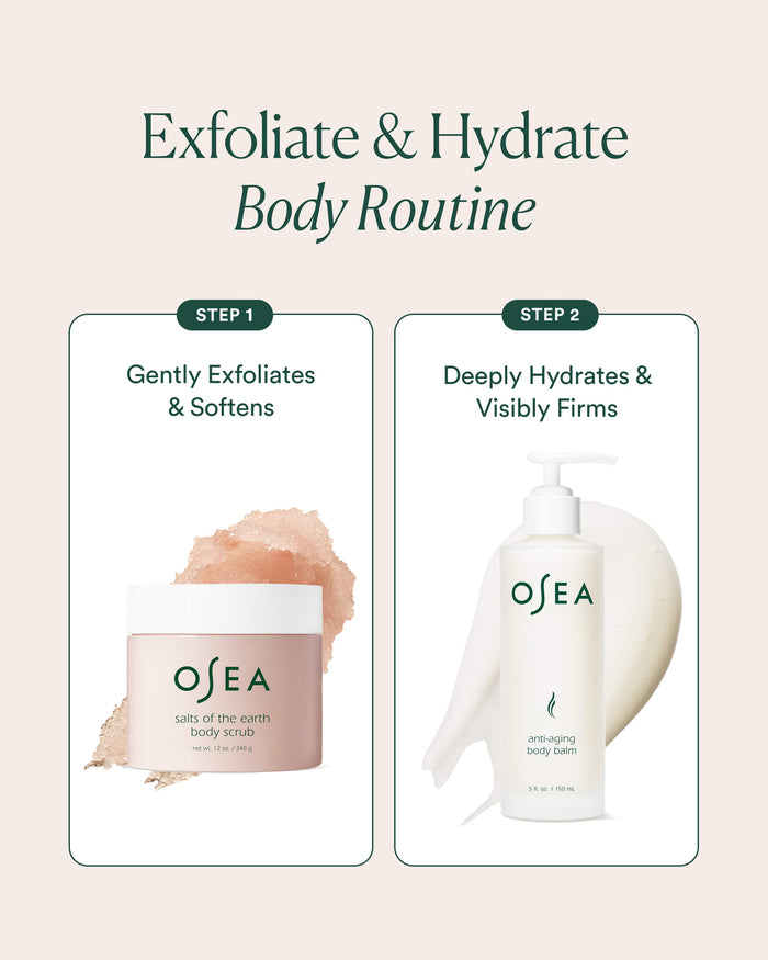 OSEA body care products with step-by-step instructions on a beige background
