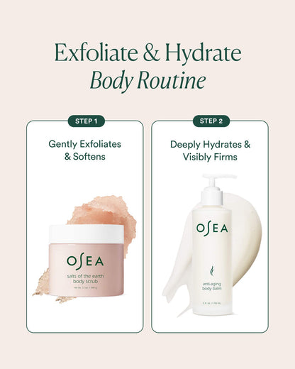 OSEA body care products with step-by-step instructions on a beige background