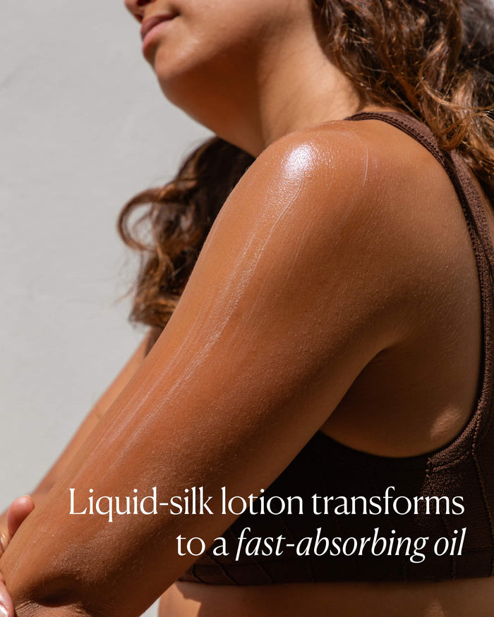 Person with liquid-silk lotion applied to arm, text overlay about fast-absorbing oil.