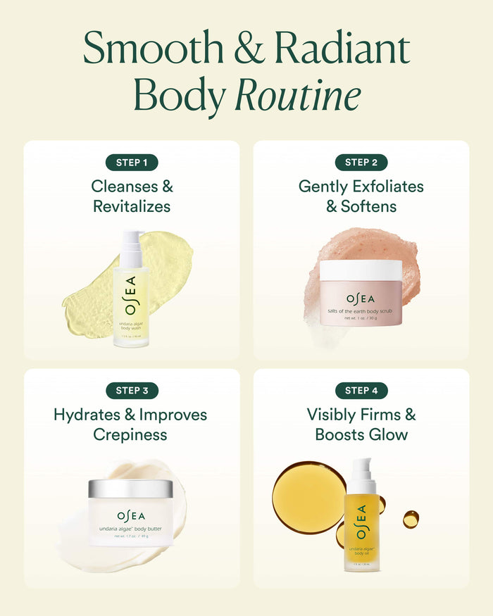 Olea body care products with step-by-step routine on a light beige background