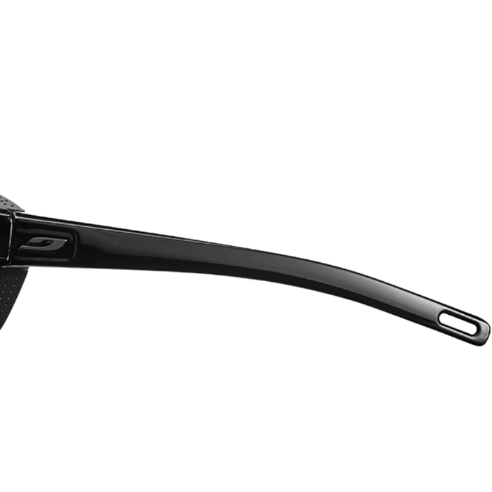 Close-up of a black Julbo USA Camino Lenses & Parts temple arm with a small logo near the hinge, set against a white background.