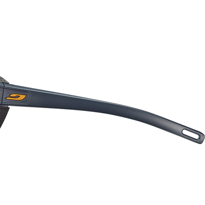 Close-up of the dark gray temple arms on Julbo USA's Camino Lenses & Parts, showing an orange logo near the hinge and a small elongated hole at the arm's end.