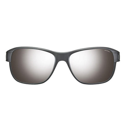 Front view of Julbo USA Camino Lenses & Parts sunglasses with black frames, large mirrored lenses reflecting light, and sleek temple arms. #color_camino-spectron-4-lens-brown-silver-flash