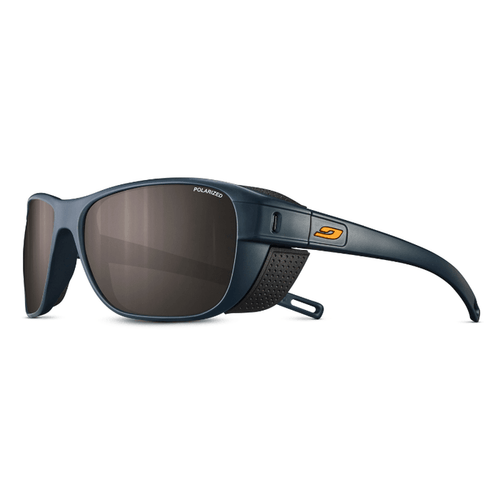 The Julbo-usa Camino sunglasses are dark blue, polarized, with side shields and an orange arm logo—ideal for trekking and shown on a white background. #color_matte-dark-blue-black-with-spectron-3-polarized-lens