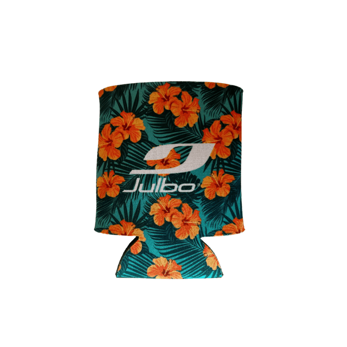The Julbo Eyewear Can Coolers feature an orange hibiscus and green leaf design with a white Julbo logo, perfect for keeping your summer drinks chilled. Displayed on a plain white background. #color_julbo-can-cooler-hawaiian