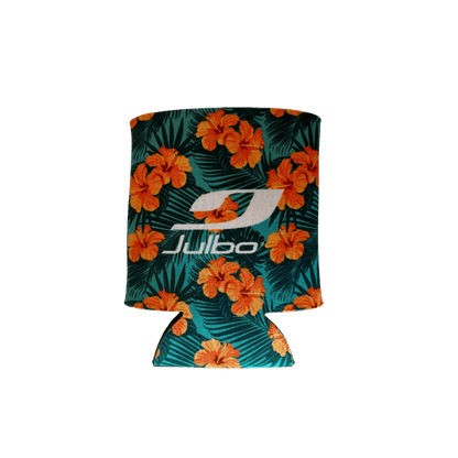 The Julbo Eyewear Can Coolers feature an orange hibiscus and green leaf design with a white Julbo logo, perfect for keeping your summer drinks chilled. Displayed on a plain white background. #color_julbo-can-cooler-hawaiian