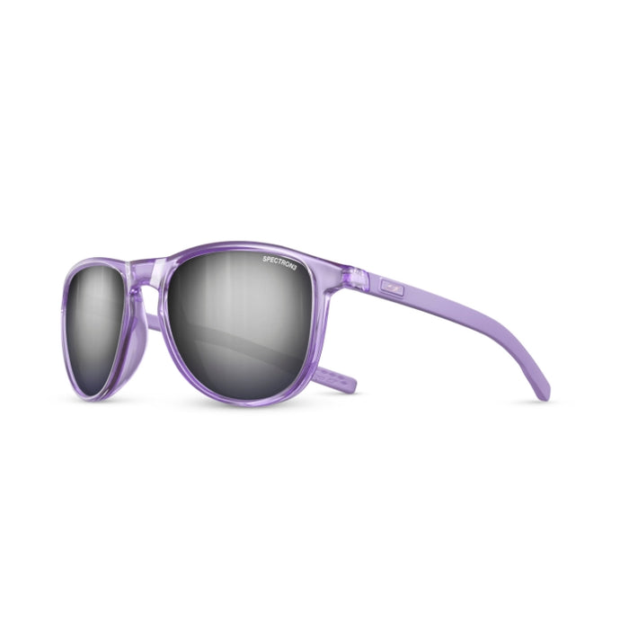 A pair of sunglasses with translucent purple frames and dark gray lenses, shown from a side angle on a plain white background. #color_violet-translucent-violet-with-spectron-3-lens