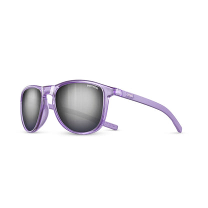 A pair of sunglasses with translucent purple frames and dark gray lenses, shown from a side angle on a plain white background. #color_violet-translucent-violet-with-spectron-3-lens