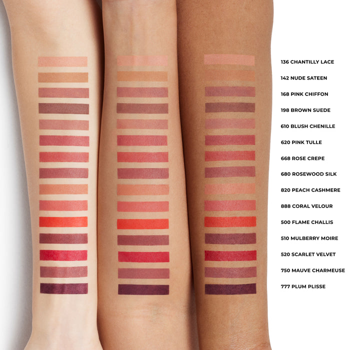 An arm swatch of Laura Mercier Caviar Smoothing Matte Lipstick variant: 888 Coral Velour