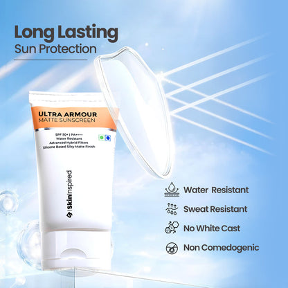 SkinInspired Ultra Armour Silicone Sunscreen Gel SPF 50+ PA++++
A broad spectrum sunscreen with long lasting sun protection.
This Physical sunscreen is water and sweat resistant , leaves no white Cast and is non Comedogenic