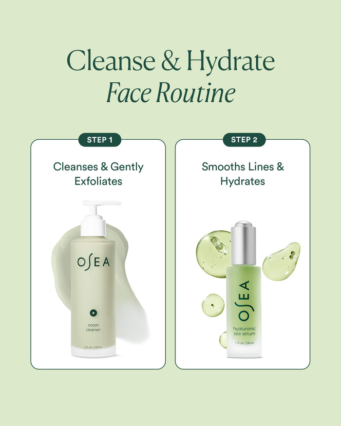 Osea skincare products with step-by-step instructions on a light green background
