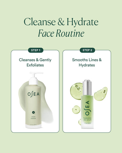 Osea skincare products with step-by-step instructions on a light green background