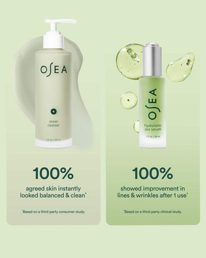 OSEA skincare products on a light green background with text about product effectiveness.