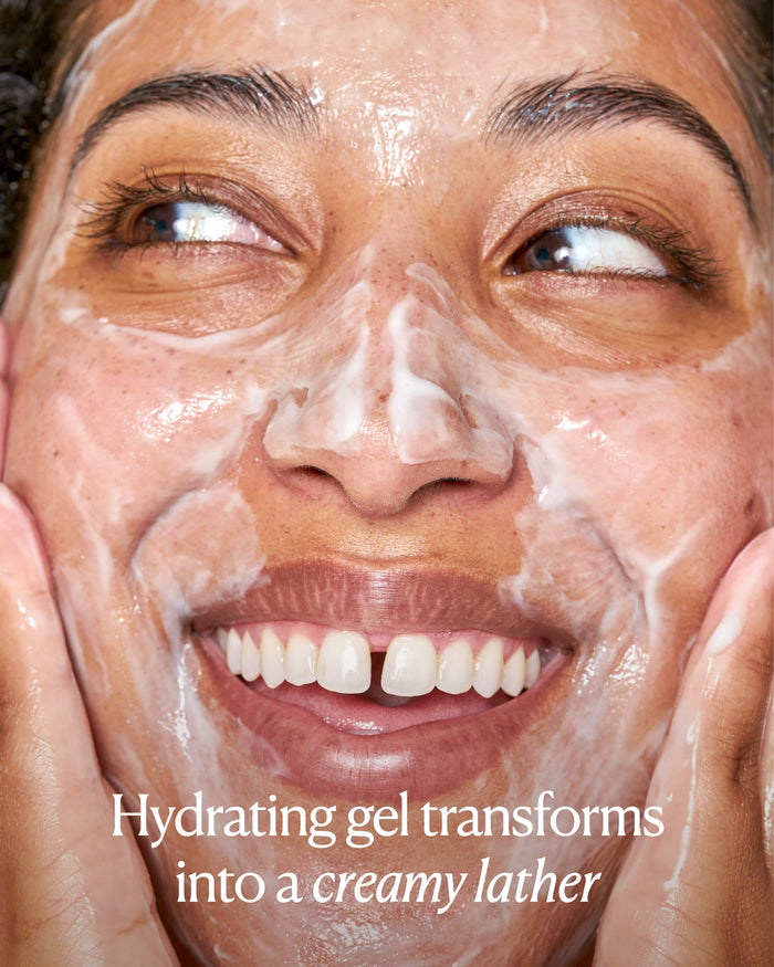 Person applying a hydrating gel to their face with text overlay.