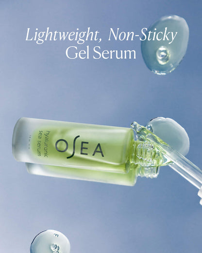OSEA gel serum bottle with dropper on a blue background