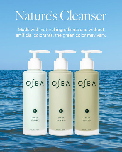 Three OSEA 'Ocean Cleanser' bottles with a blue ocean background