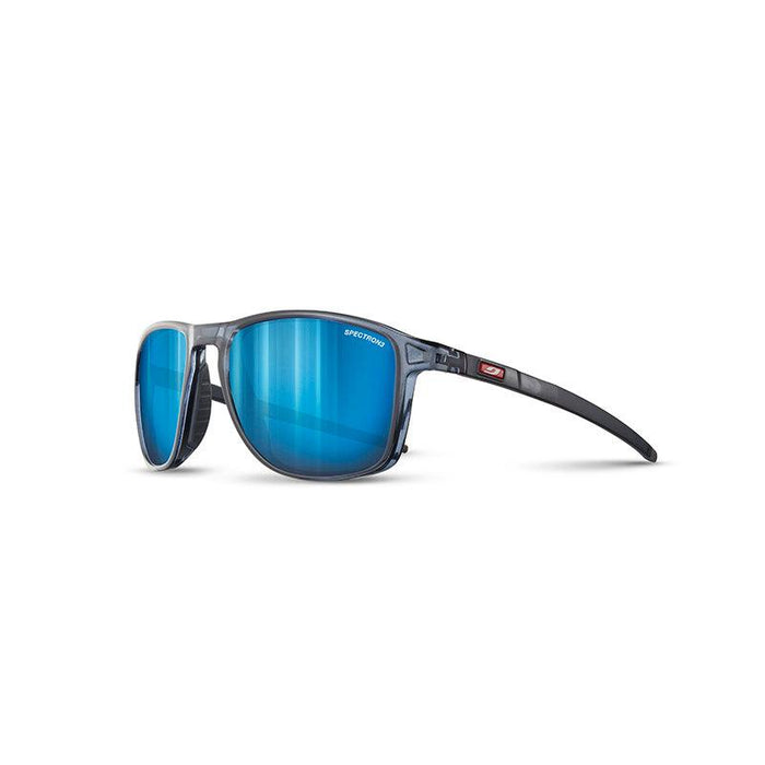 The Julbo Eyewear Compass sunglasses feature black frames with blue mirrored polarized lenses, ideal for an active lifestyle. Displayed on a white background, they're the perfect multi-sport accessory. #color_black/-black-with-spectron-3-lens
