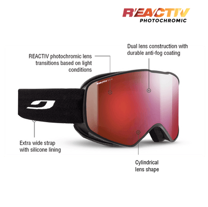 The Julbo-usa Cyclon ski goggles feature a REACTIV photochromic cylindrical lens, dual lens construction with anti-fog coating, wide field of vision, and a silicone-lined strap. #color_black-with-reactiv-0-4-high-contrast-lens