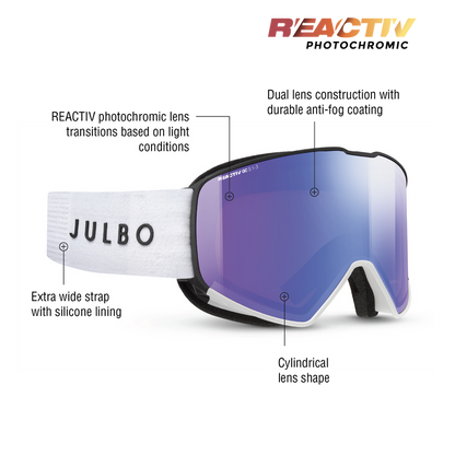 Julbo Reactiv photochromic ski goggles with a purple-blue reflective lens, black frame, and white strap, shown with callout text labels on a white background.  #color_white-black-with-reactiv-1-3-glare-control-lens