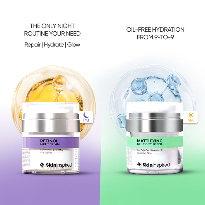SkinInspired Retinol Night Cream for all skin types and Mattifying Gel Moisturizer tailored for oily, acne-prone, combination, and sensitive skin—targeting anti-aging, hydration, and oil control in one routine.