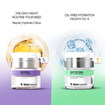 SkinInspired Retinol Night Cream for all skin types and Mattifying Gel Moisturizer tailored for oily, acne-prone, combination, and sensitive skin—targeting anti-aging, hydration, and oil control in one routine.
