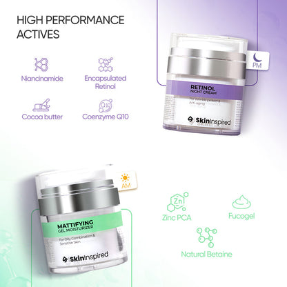 SkinInspired Retinol Night Cream for all skin types and Mattifying Gel Moisturizer tailored for oily, acne-prone, combination, and sensitive skin—targeting anti-aging, hydration, and oil control in one routine.